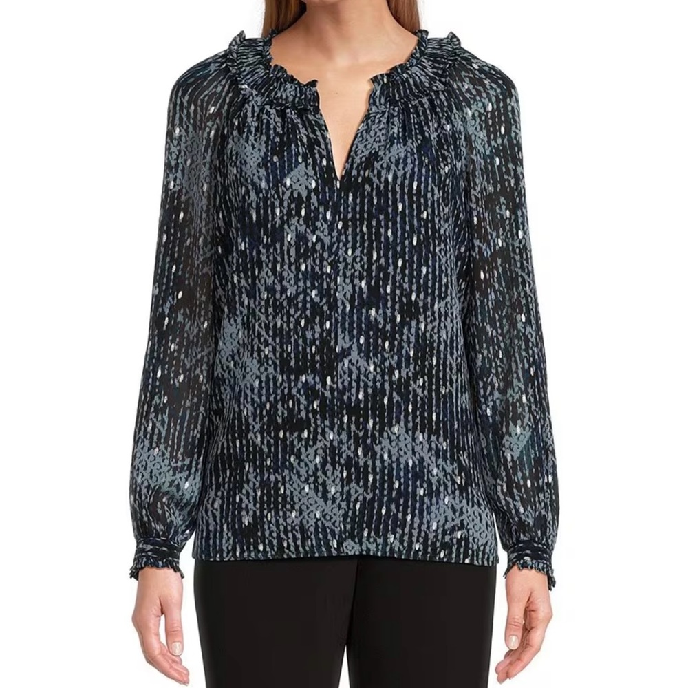 Blur Ikat Print Long Sleeve Pleated Split V-Neck Woven Top